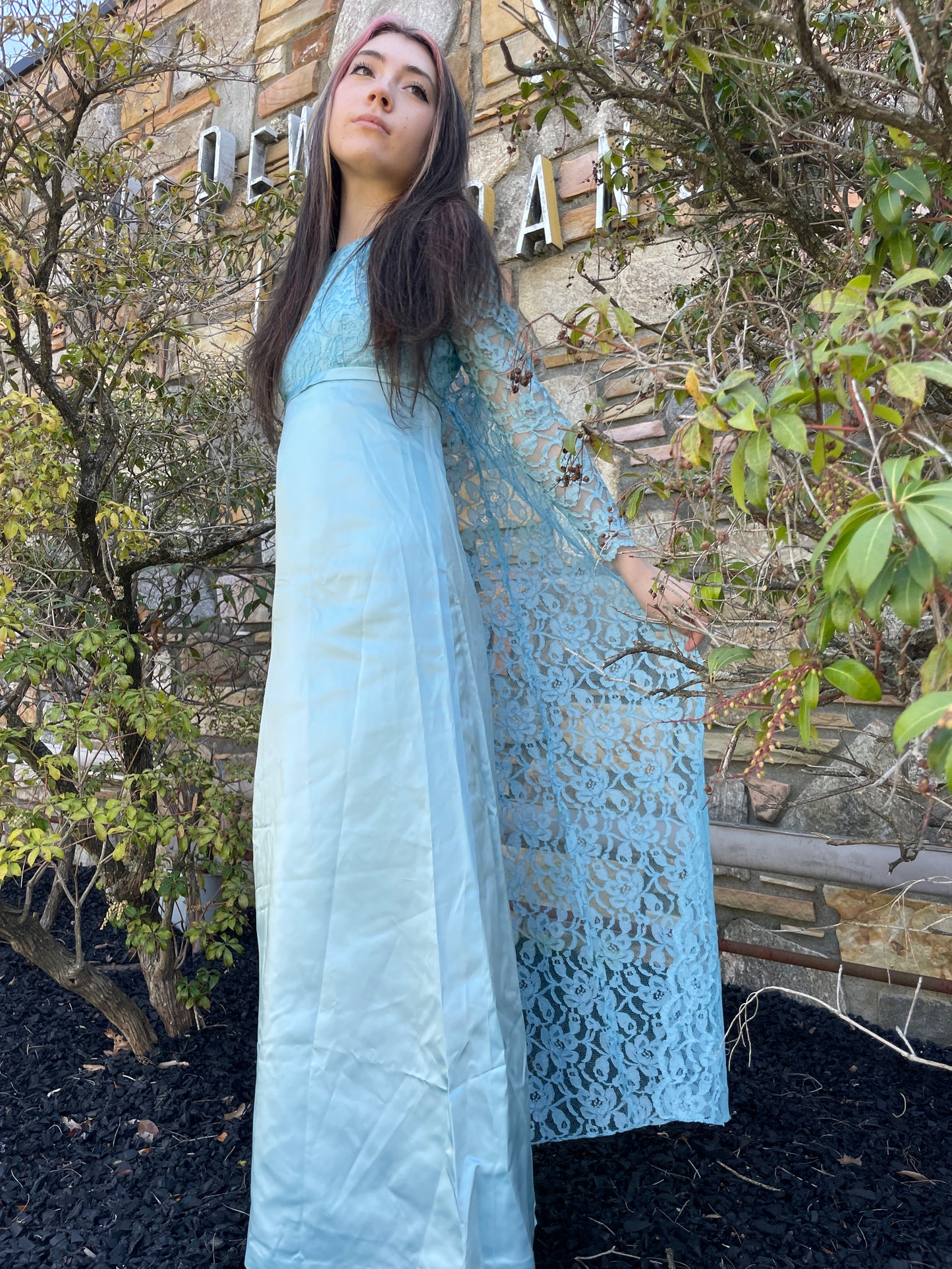 Blue 1960s Gown with Lace Floor-Length Cape, size xs