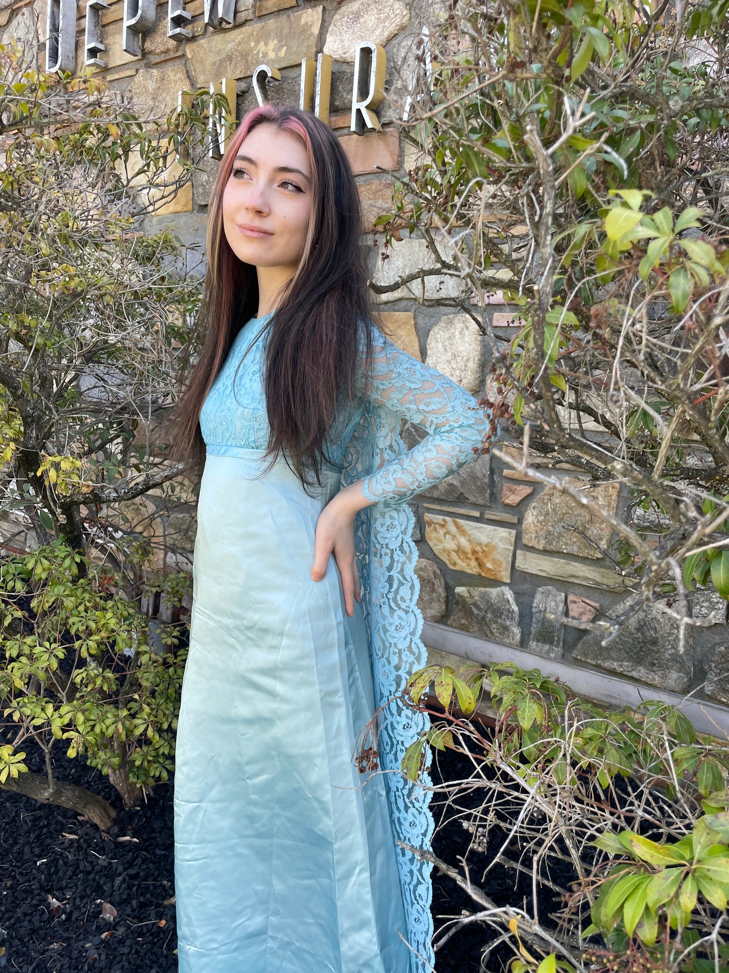 Blue 1960s Gown with Lace Floor-Length Cape, size xs