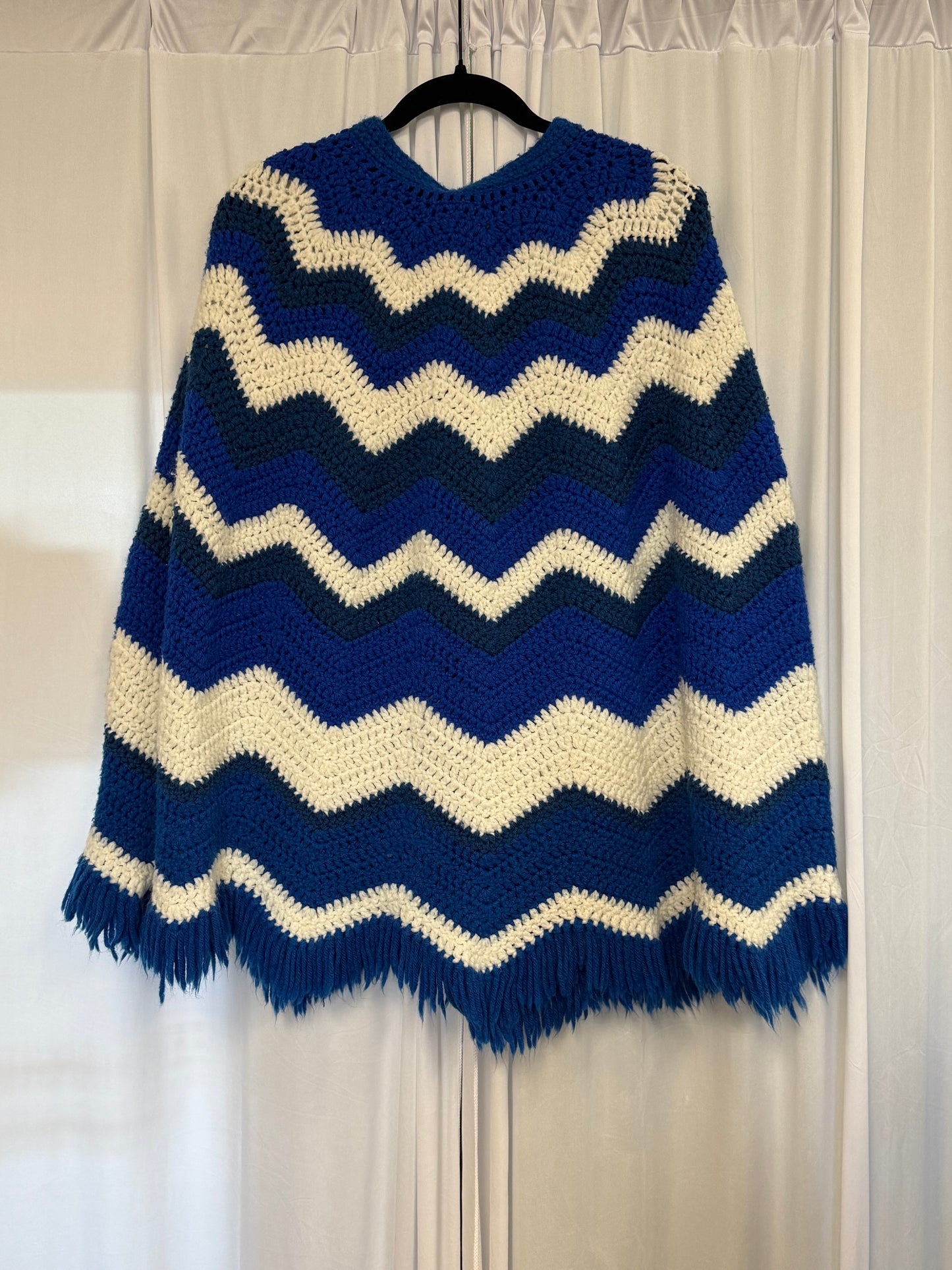 Blue and White Knit/Crochet 70s Poncho - OS