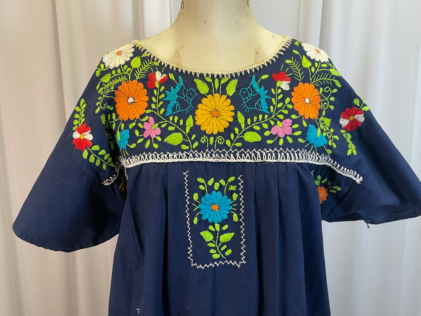 Vintage Blue Embroidered Caftan Style Dress, os