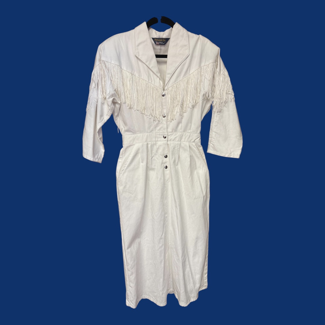 White Panhandle Slim Western Dress with Fringe