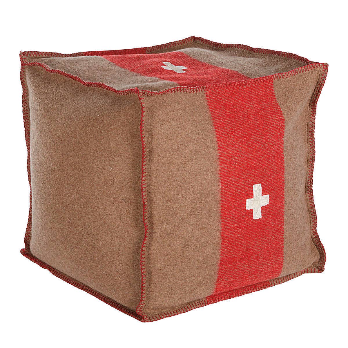 Swiss Army Pouf 18X18X18 Brown/Red — Stuffed With Upcycled Fabric Scrap!