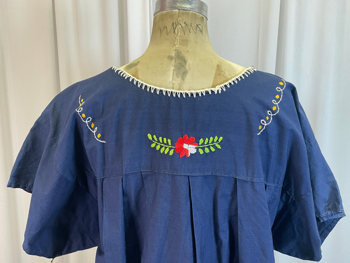 Vintage Blue Embroidered Caftan Style Dress, os