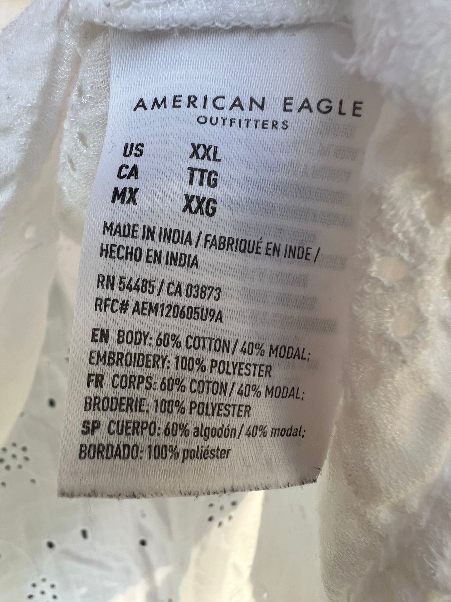 American Eagle White Eyelet Relaxed Fit Button Up Shirt, XXL
