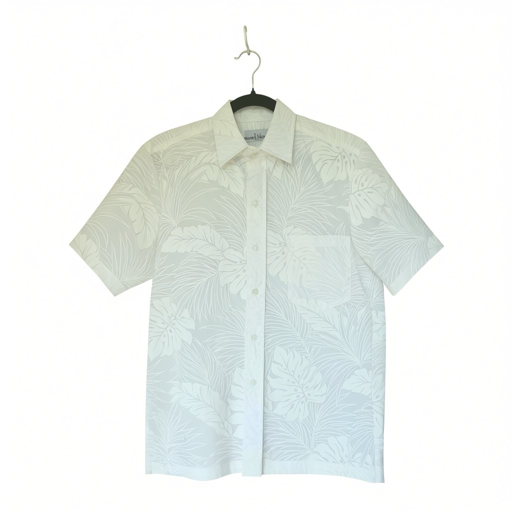 T&L Muumuu Factory Minimalist White Floral Hawaiian Aloha Shirt, Size S/M