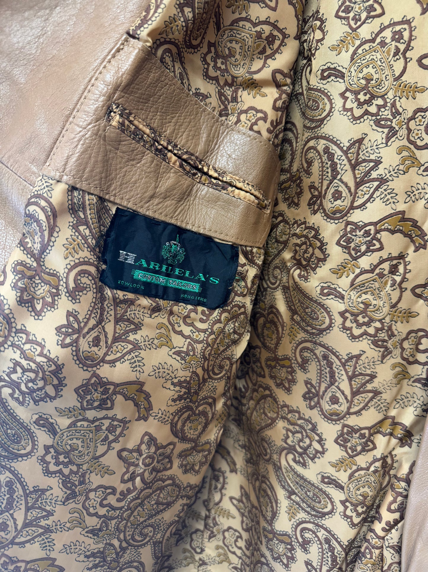 Vintage 70’s Tan Men’s Leather Jacket by Harilela’s Custom Tailors, xs