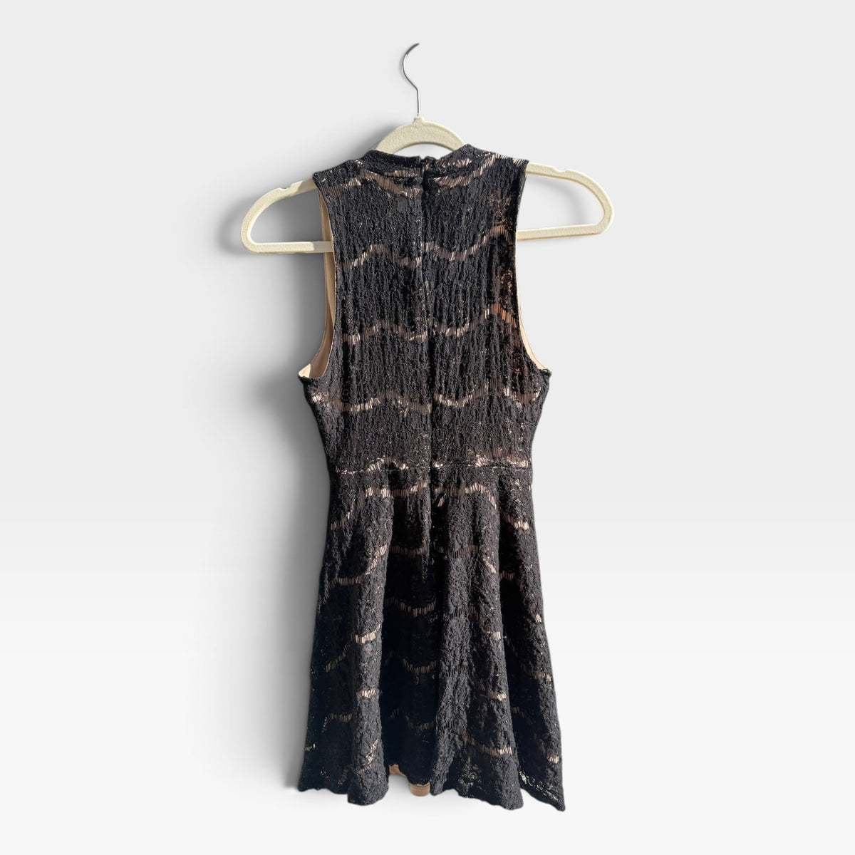 Love, Fire Black Lace Sleeveless Cocktail Mini Dress, Nude Lining, Size M