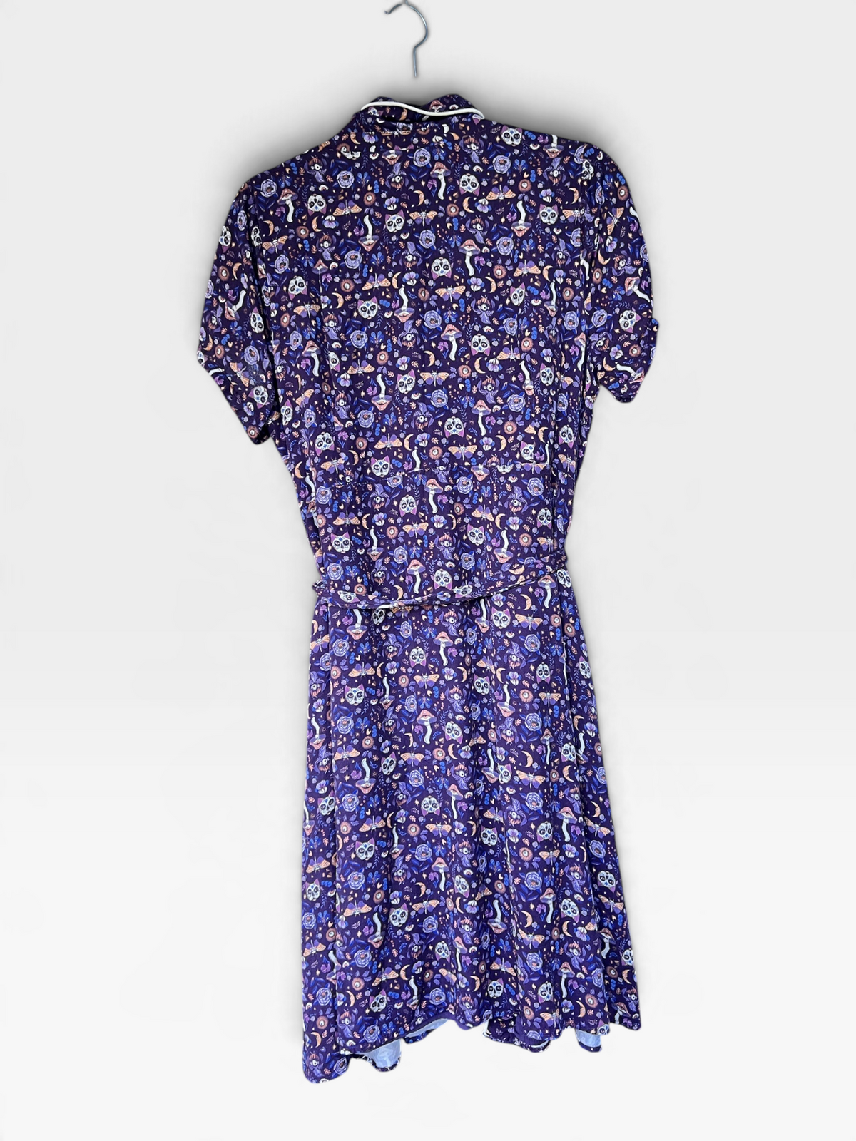 ModCloth Purple Whimsical Mushroom & Skull Midi Shirt Dress, Size L