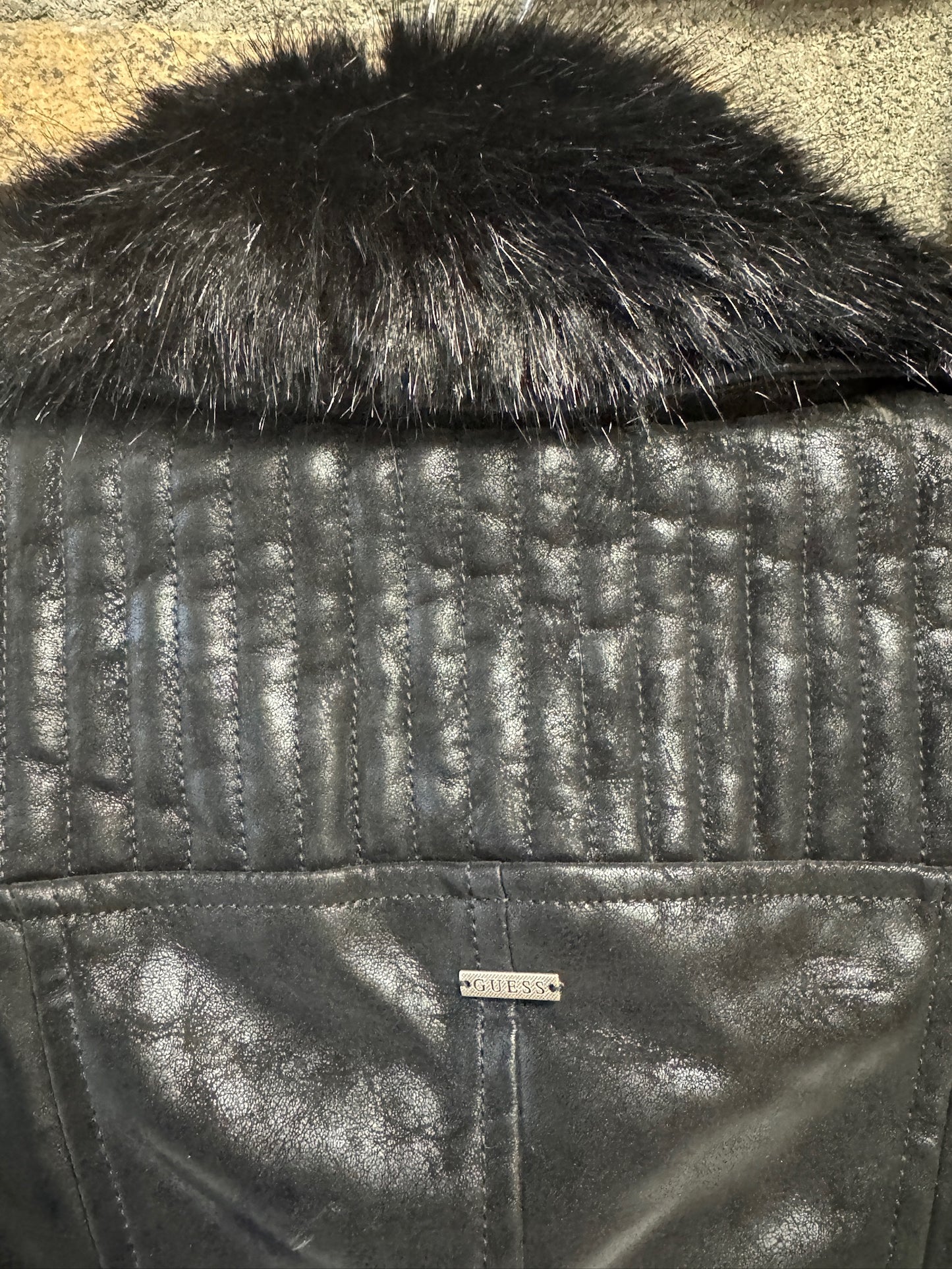 NWT Guess Black Faux Leather with Fur Trim Jacket, size small