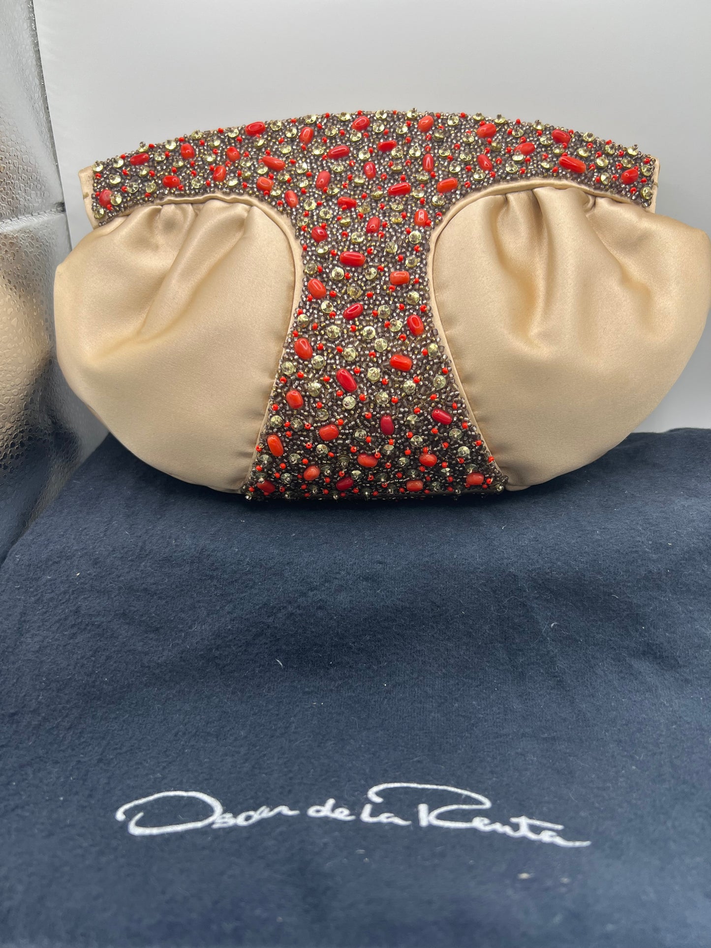 Oscar de la Renta Satin/Stone Modern Clutch Purse