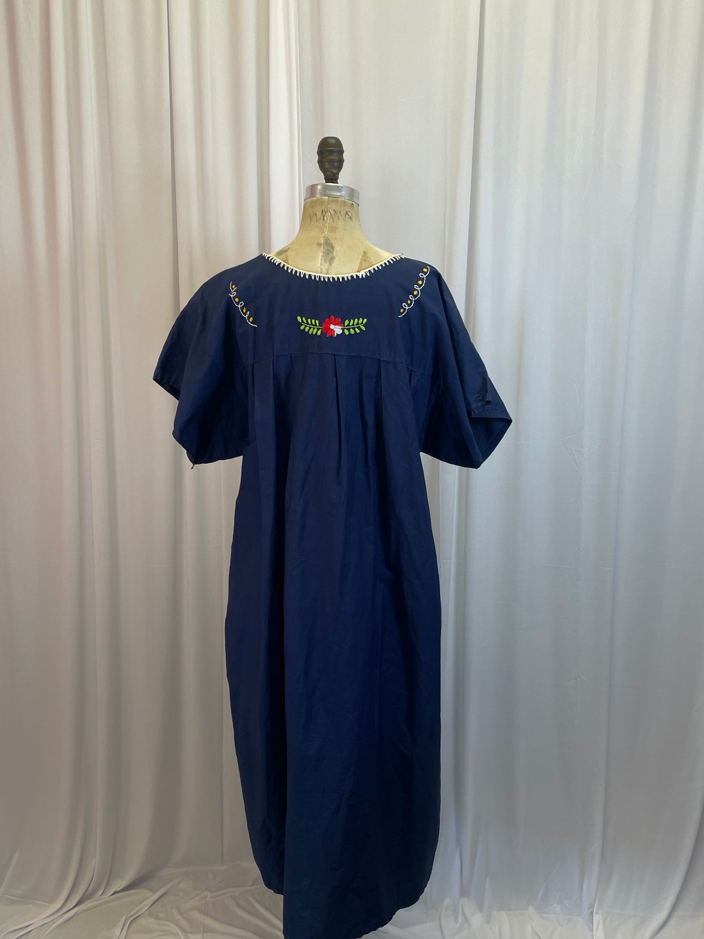 Vintage Blue Embroidered Caftan Style Dress, os