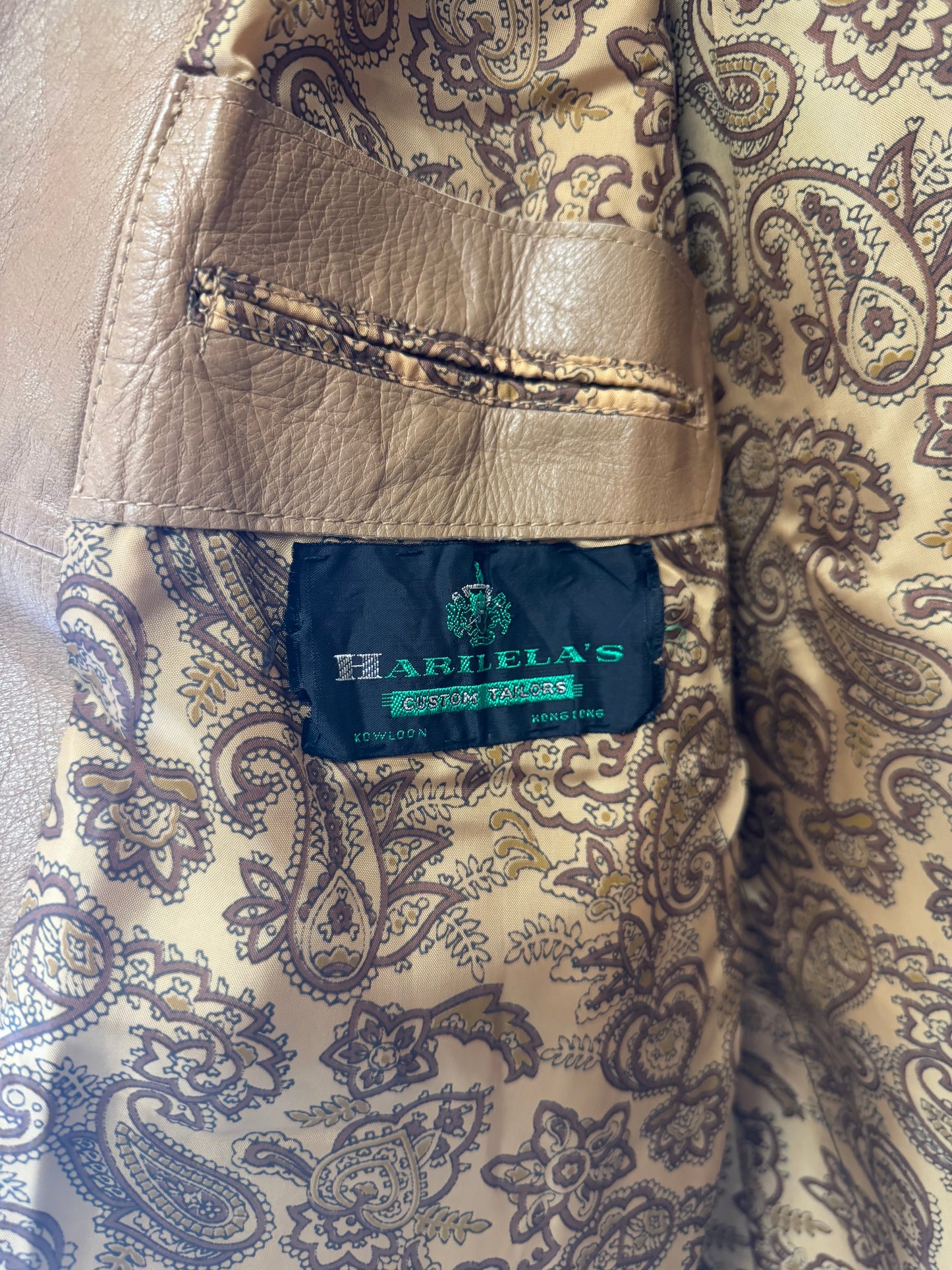 Vintage 70’s Tan Men’s Leather Jacket by Harilela’s Custom Tailors, xs