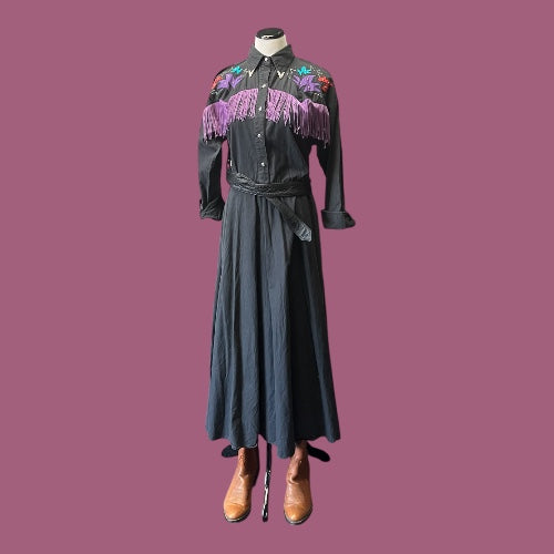 Vintage Black Western Dress with Purple Fringe & Abstract Star Details, size m
