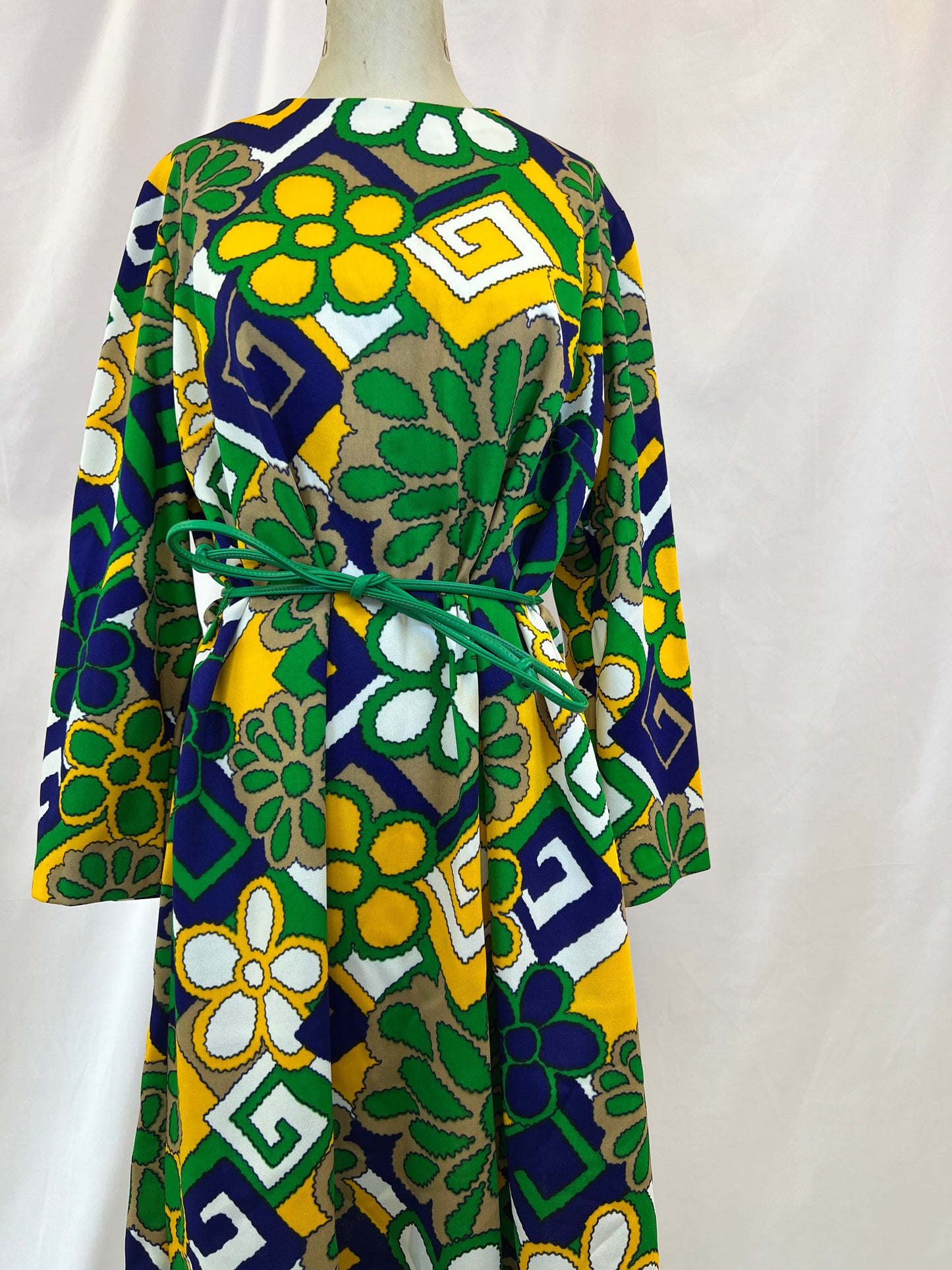 60's Abstract Print Green Dress, size L