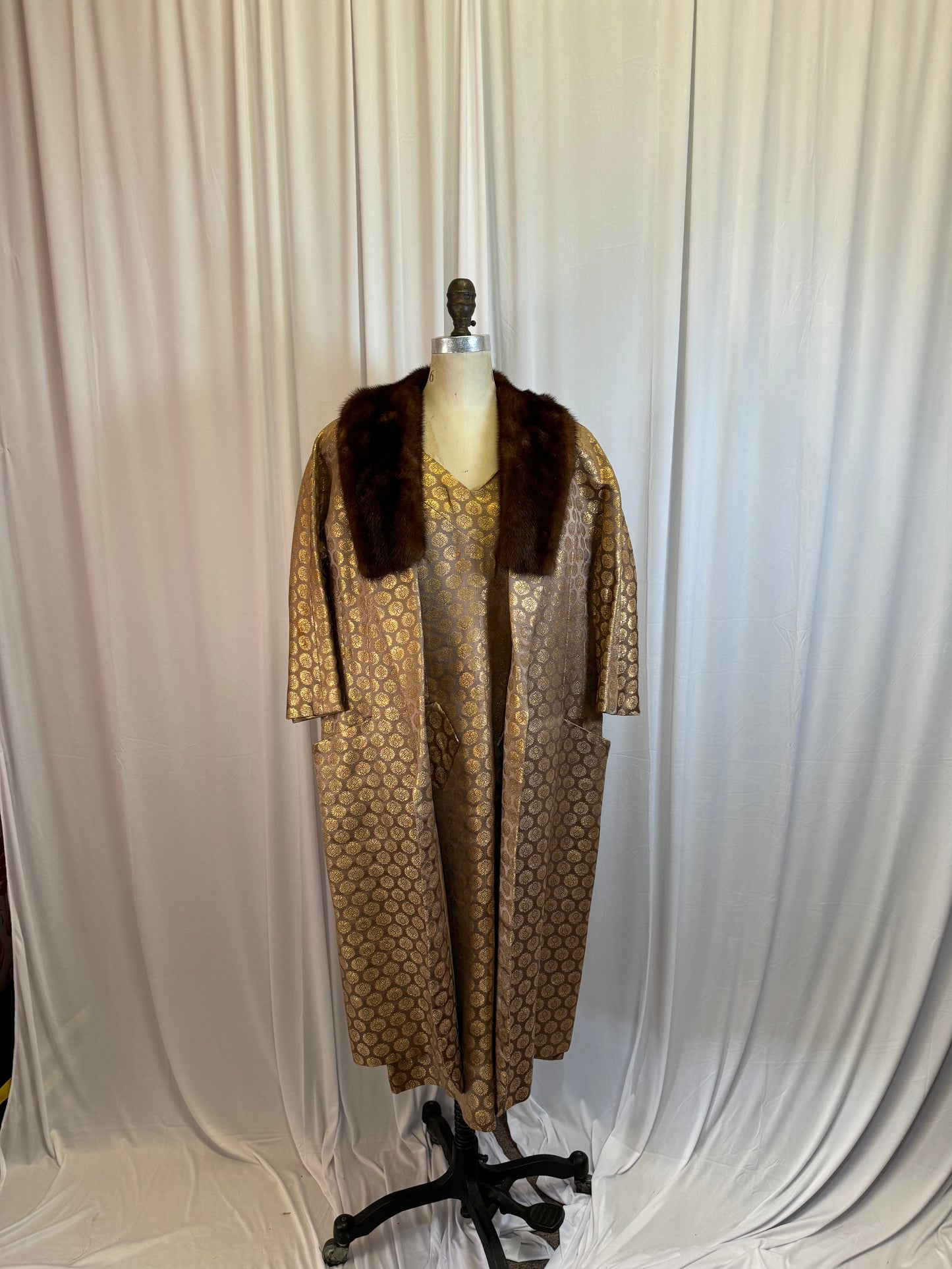 50s Brocade Fur Collar Coat & Dress