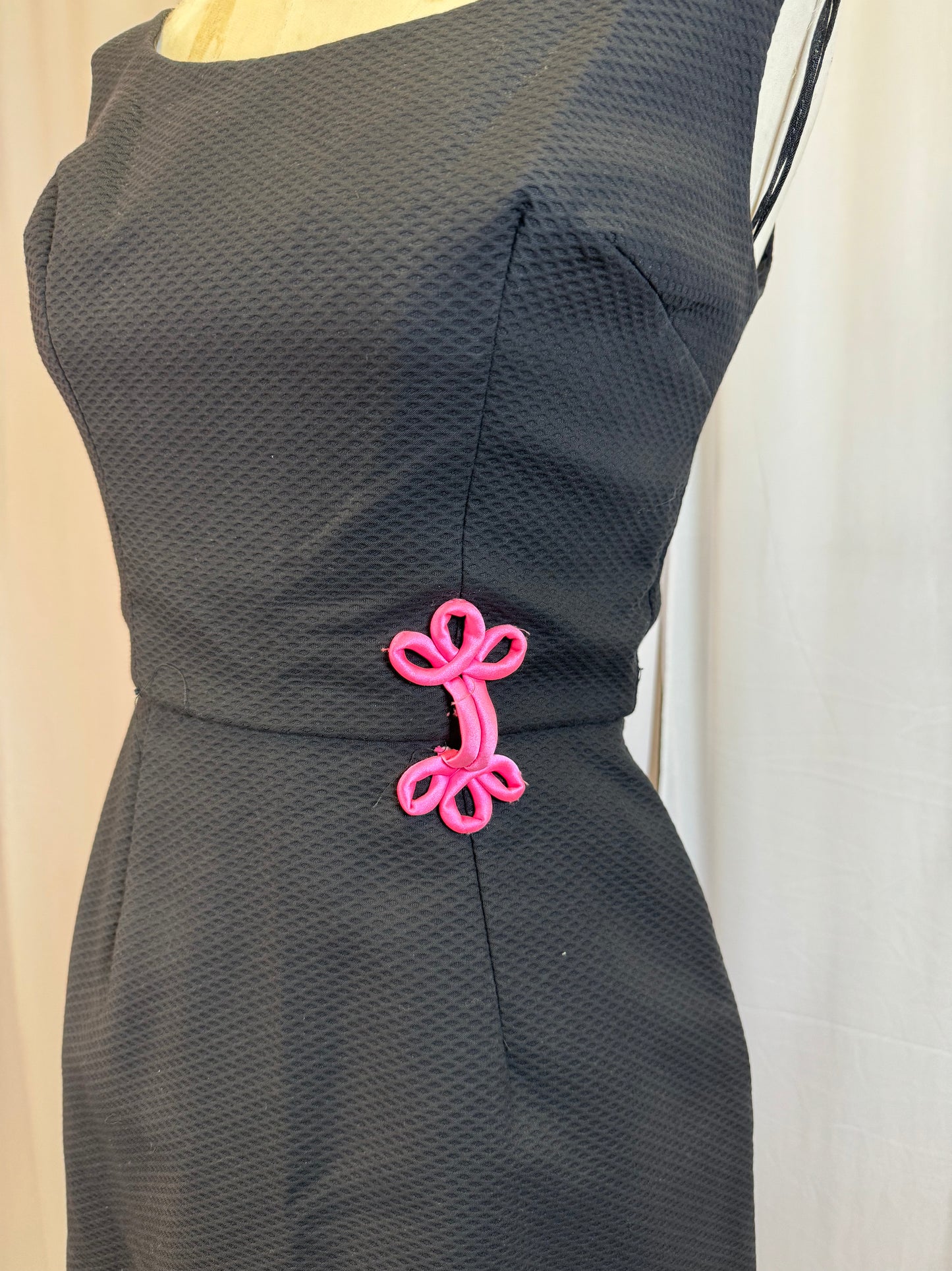 Black Vintage 1950s Sheath Dress with Pink Waist Embellishment