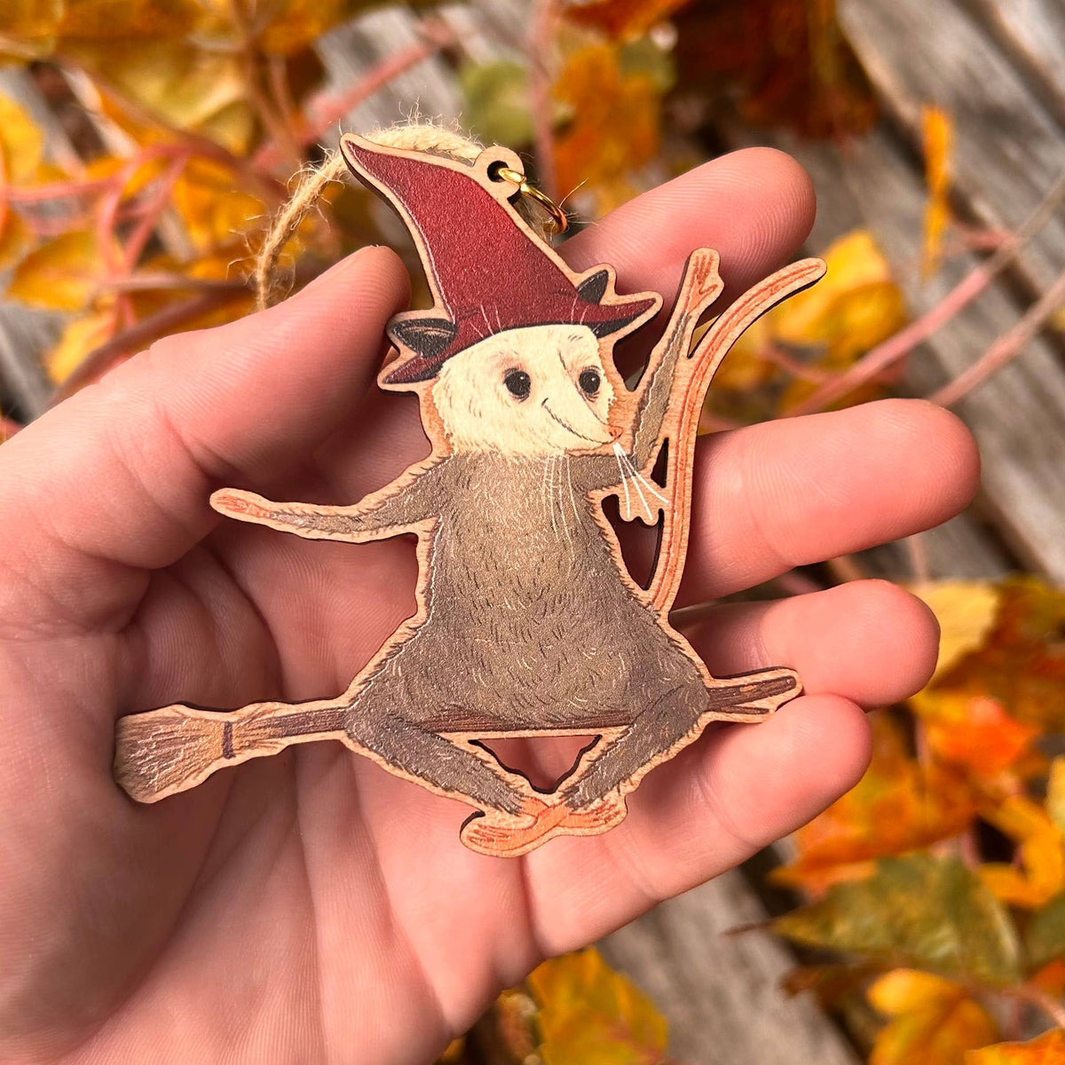 Wooden Witch 'Possum Ornament