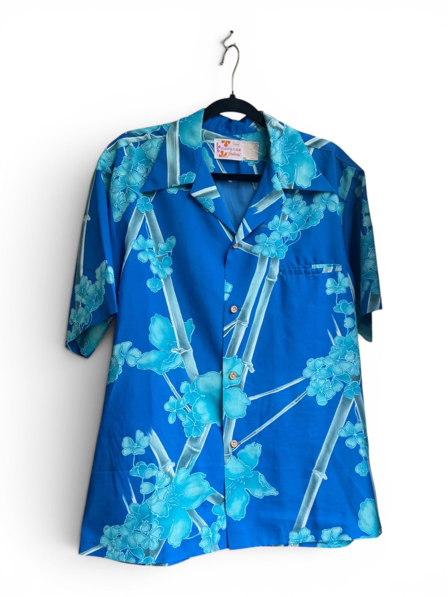 True Vintage 70s Hawaiian Aloha Blue Button Up Shirt, Size XL