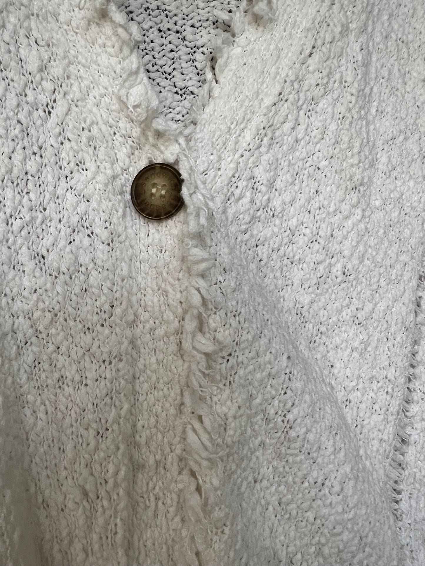 sw_casual Women’s White Textured Cardigan, Frayed Hem & Trim, Size L