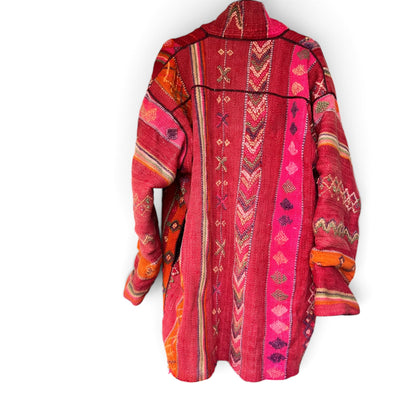 Vintage Boho Woven Kimono Jacket Red Stripes Pockets Kantha, Size XL