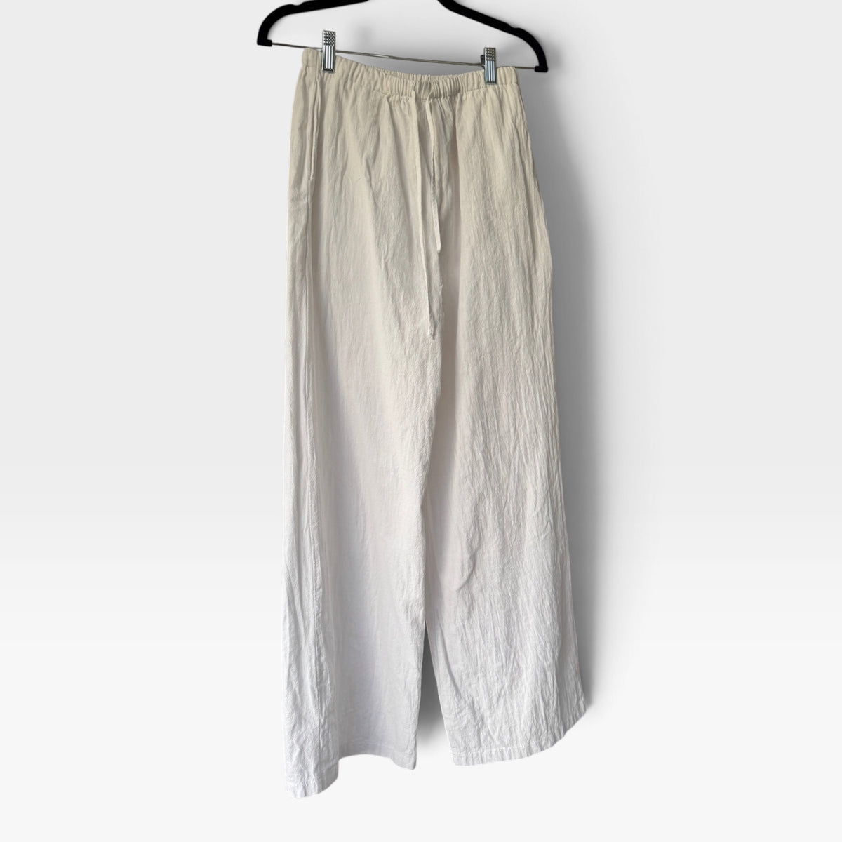 White Linen-Like Flowy Drawstring Waist Pants, Trousers, Size Small