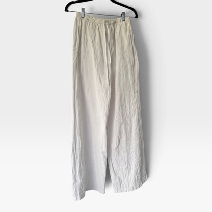 White Linen-Like Flowy Drawstring Waist Pants, Trousers, Size Small