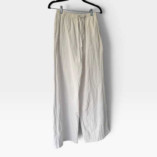 White Linen-Like Flowy Drawstring Waist Pants, Trousers, Size Small