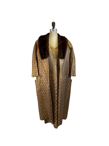 2-Piece Vintage Gold Dress + Fur Collar Coat by Schleisner Co., size medium