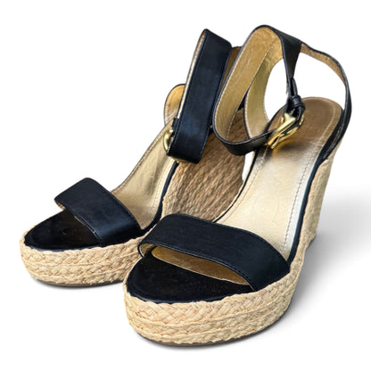 COACH Black Leather Espadrille Platform Wedge Sandals, Size 8.5