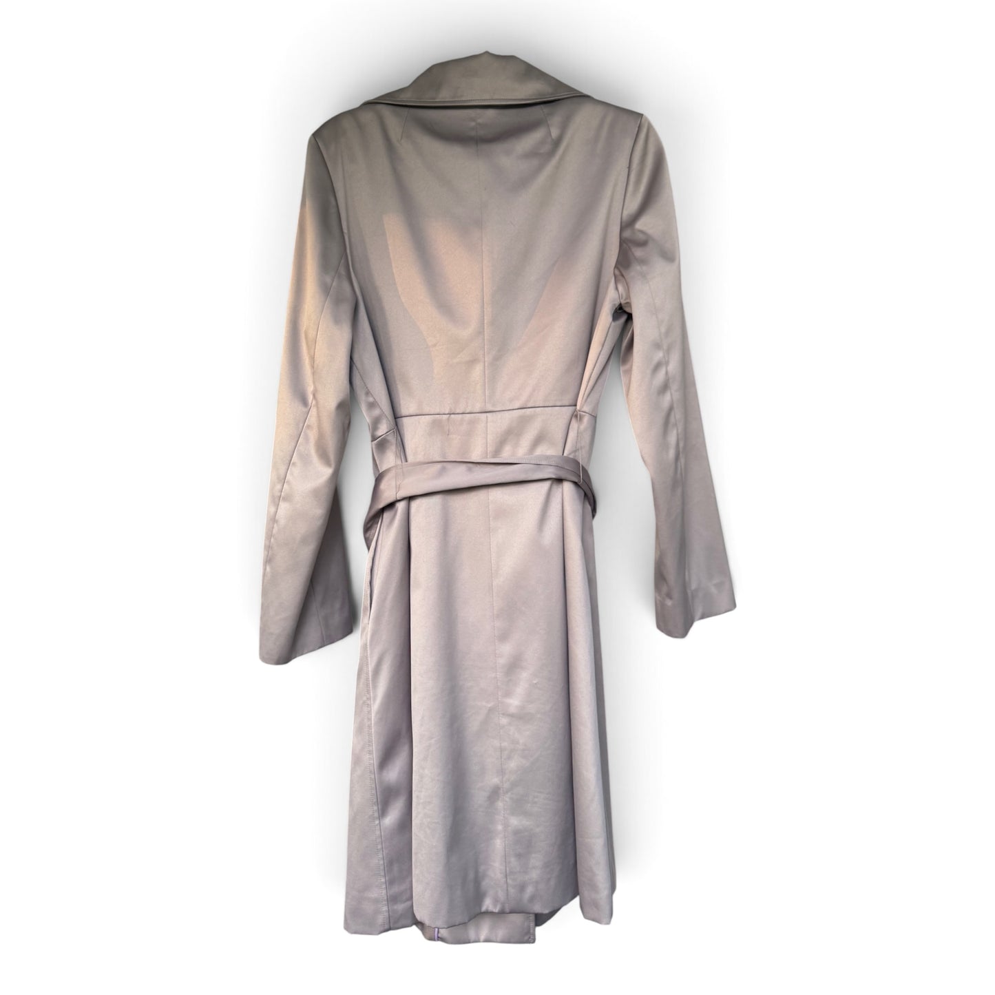 Tahari Grey / Taupe Satin-Finish Belted Trench Coat Jacket, Size M/L