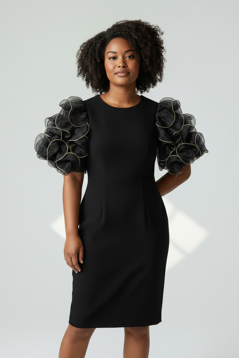 Black and Gold Puff Shoulder 1980s Statement Dress, size L