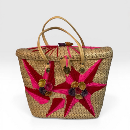 Vintage 1960s Straw Basket Purse with Pink Embroidery