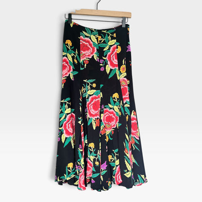 Vintage 80s Norma Kamali Floral Midi Skirt Bold Peony Print Crepe A-Line, Size S