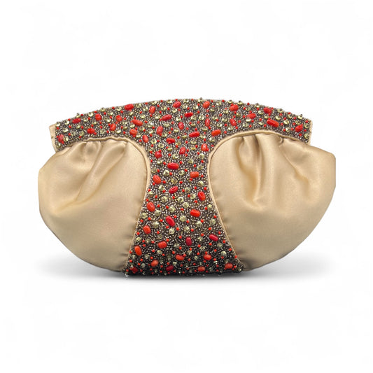 Oscar de la Renta Satin/Stone Modern Clutch Purse