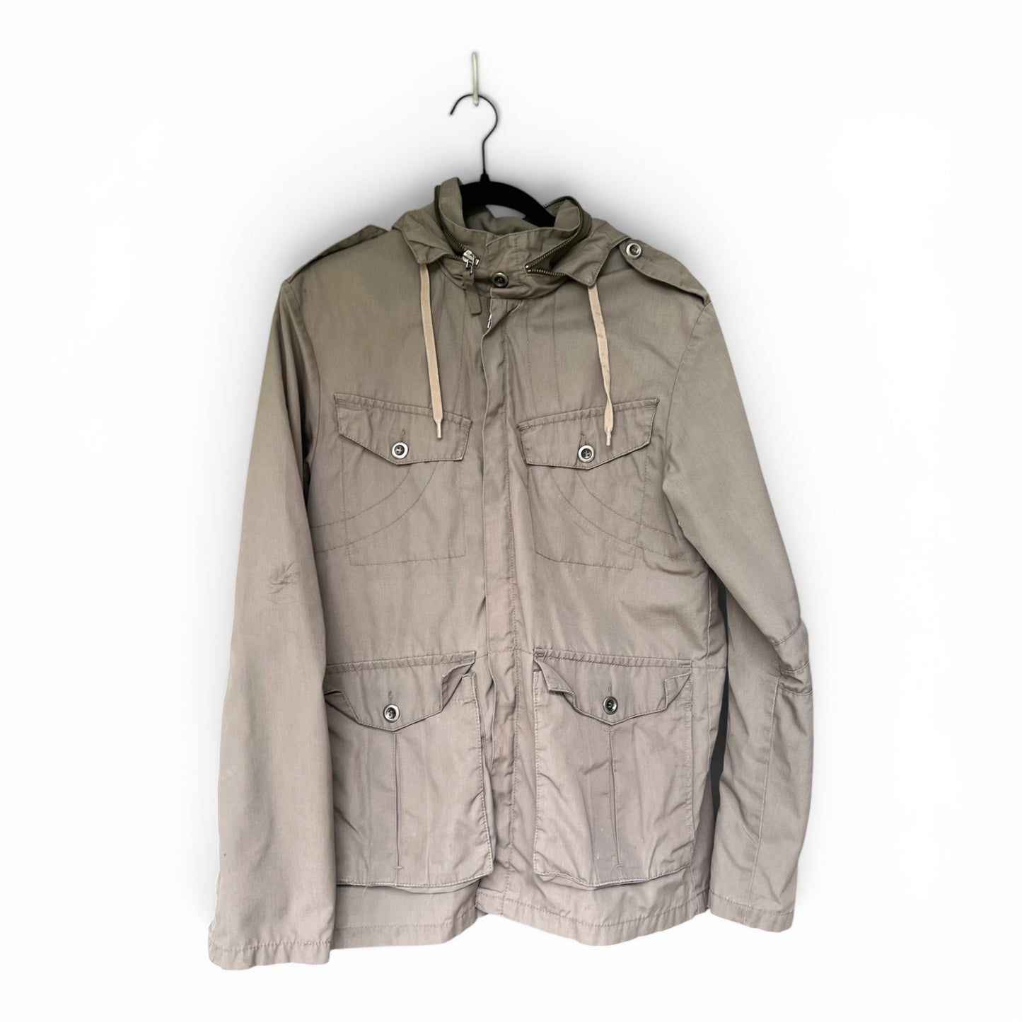 H&M Divided Men’s M-65 Military Field Jacket Hooded Utility Coat Beige Small