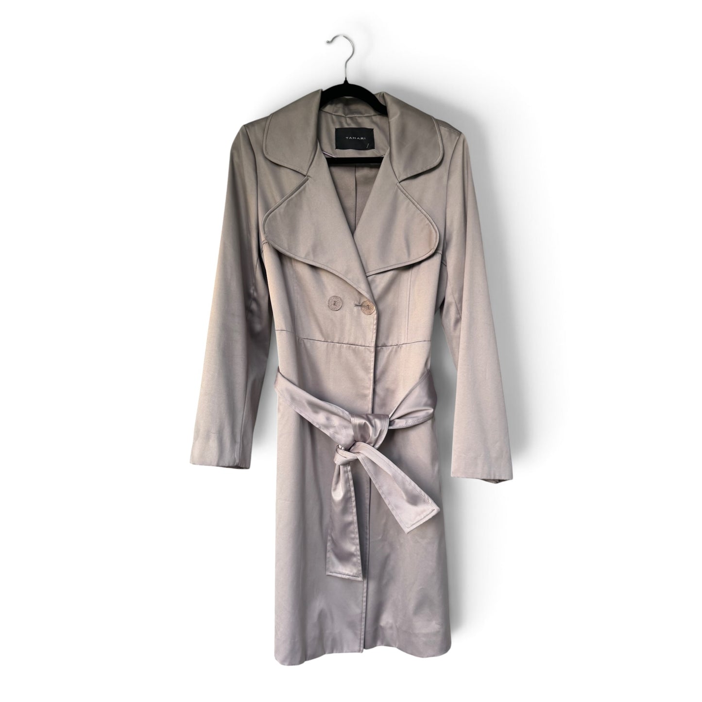 Tahari Grey / Taupe Satin-Finish Belted Trench Coat Jacket, Size M/L