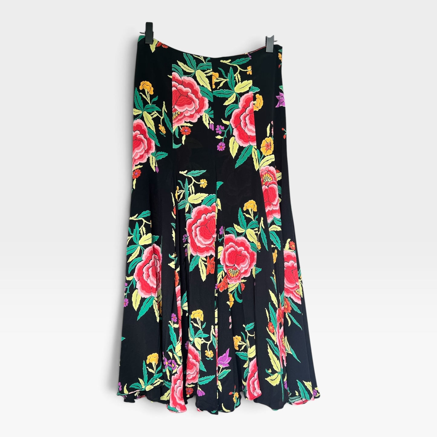 Vintage 80s Norma Kamali Floral Midi Skirt Bold Peony Print Crepe A-Line, Size S