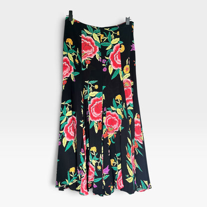 Vintage 80s Norma Kamali Floral Midi Skirt Bold Peony Print Crepe A-Line, Size S