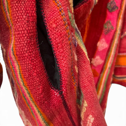 Vintage Boho Woven Kimono Jacket Red Stripes Pockets Kantha, Size XL