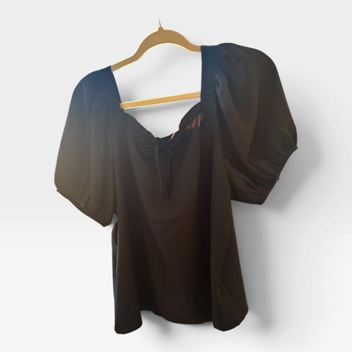 Madewell Black Seersucker Puff Sleeve Top, Boho Blouse, Size M
