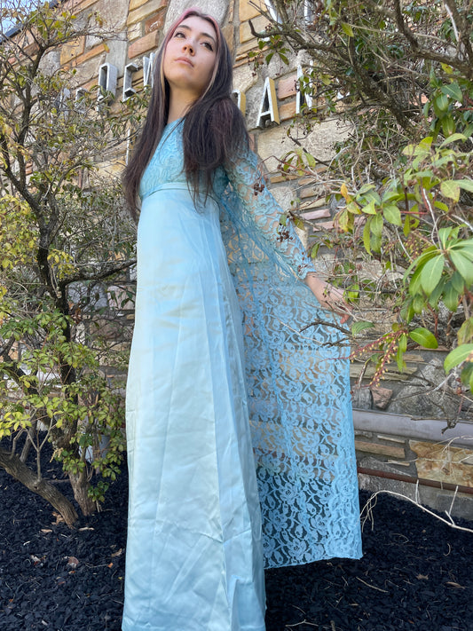 Blue 1960s Gown with Lace Floor-Length Cape, size xs