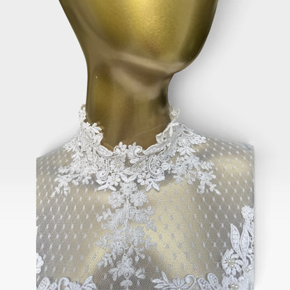 True Vintage 70s Chiffon Wedding Gown, Illusion Lace Back & Train, Size S