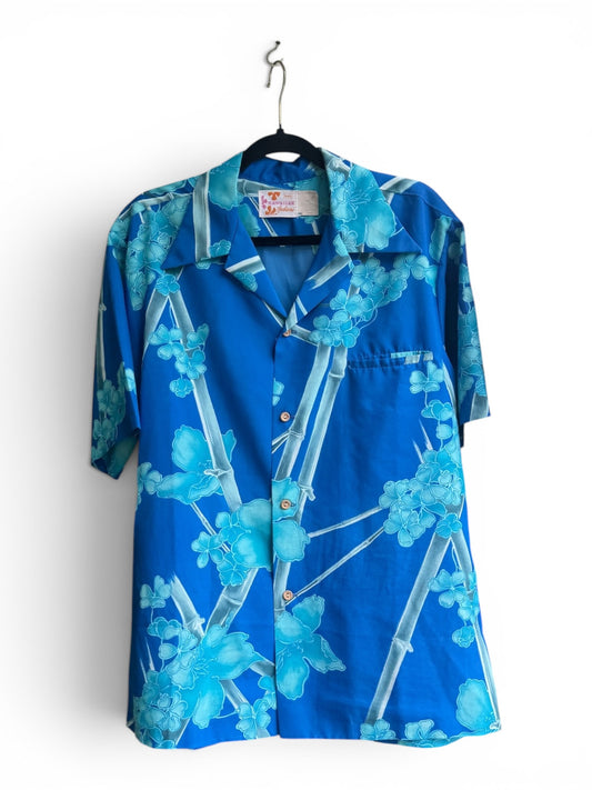 True Vintage 70s Hawaiian Aloha Blue Button Up Shirt, Size XL