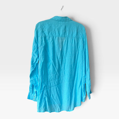 100% Linen Sigrid Olsen Button-Up Shirt, Bright Turquoise Blue, Size XL