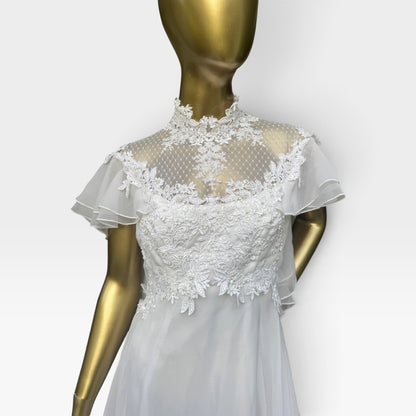 True Vintage 70s Chiffon Wedding Gown, Illusion Lace Back & Train, Size S
