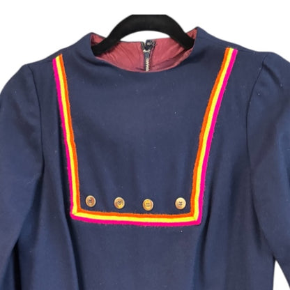 60’s Vintage Navy Blue Wool Dress with Neon Stripe Detail, size xs