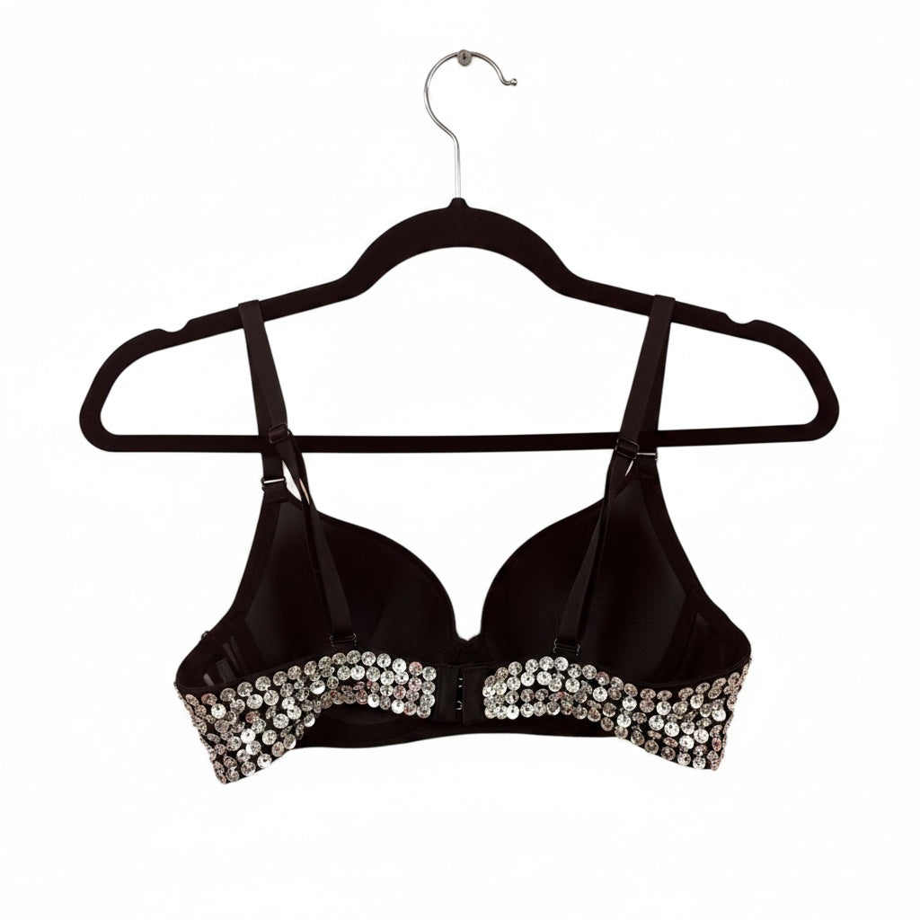 Silver Sequined Black Bra, Size Small