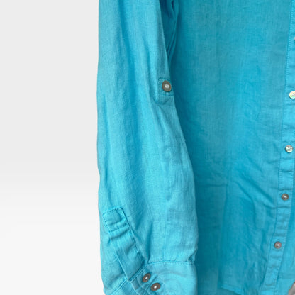 100% Linen Sigrid Olsen Button-Up Shirt, Bright Turquoise Blue, Size XL