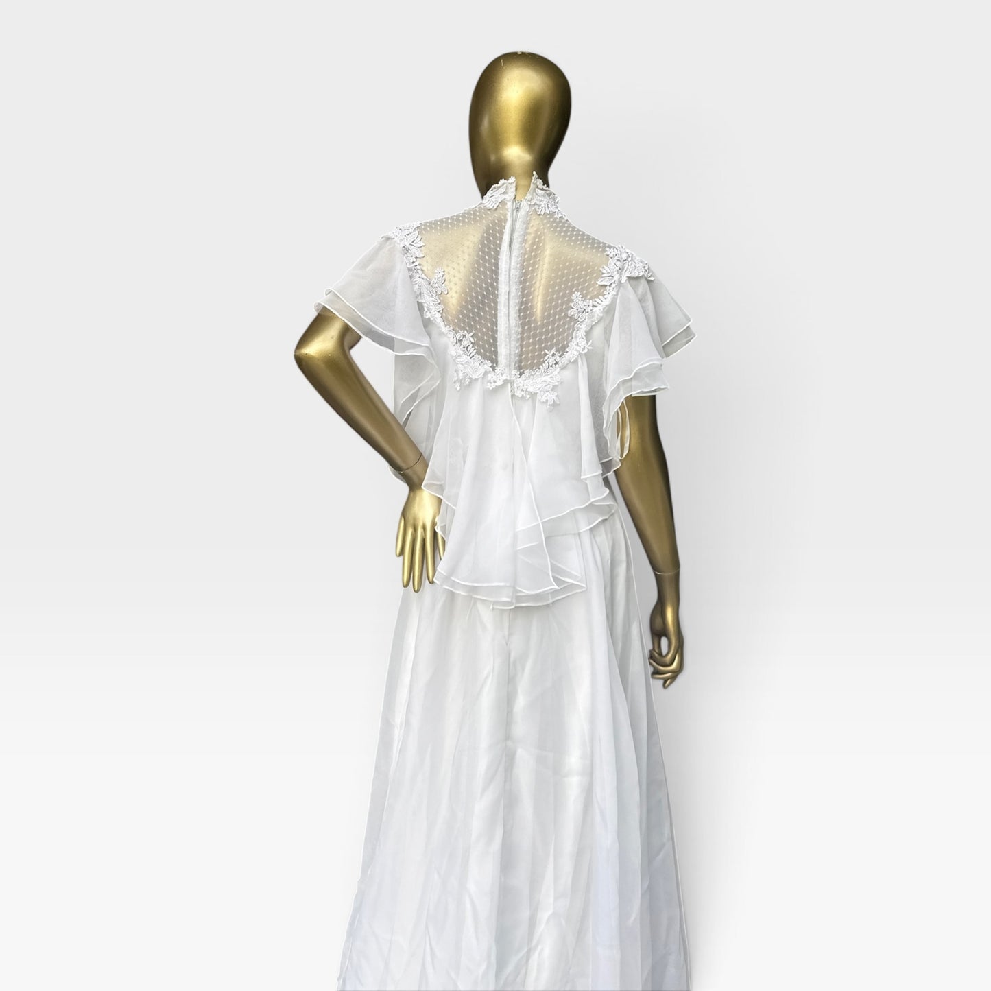 True Vintage 70s Chiffon Wedding Gown, Illusion Lace Back & Train, Size S