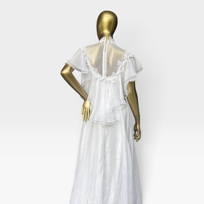 True Vintage 70s Chiffon Wedding Gown, Illusion Lace Back & Train, Size S